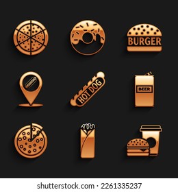Set Hotdog sandwich, Burrito, Coffee burger, Beer can, Pizza, Location with hotdog, Burger and  icon. Vector