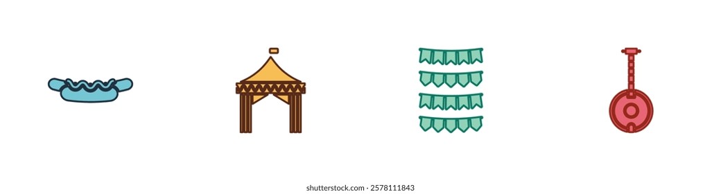 Set Hotdog sandwich, Camping tent, Carnival garland with flags and Banjo icon. Vector