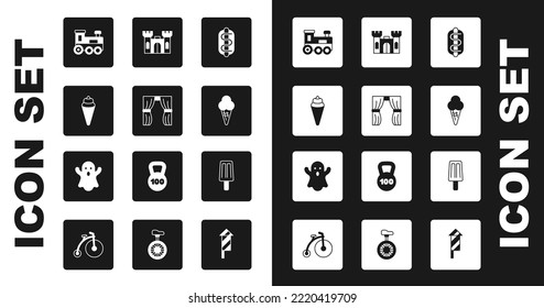 Set Hotdog Sandwich, Circus Curtain Raises, Ice Cream Waffle Cone, Toy Train, Castle,  And Ghost Icon. Vector