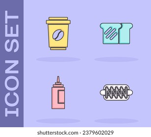 Set Hotdog sandwich, Coffee cup to go, Sauce bottle and Bread toast icon. Vector