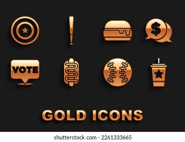 Set Hotdog sandwich, Coin money with dollar, Paper glass straw, Baseball ball, Vote, Burger, American star shield and bat icon. Vector