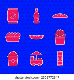 Set Hotdog sandwich, Fast street food cart, Chocolate bar, Potatoes french fries in box, Popcorn, Chicken nuggets, Bread loaf and Bag packet potato chips icon. Vector