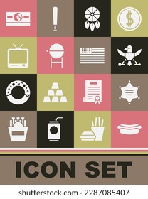 Set Hotdog sandwich, Hexagram sheriff, Eagle, Dream catcher with feathers, Barbecue grill, Retro tv, Stacks paper money cash and American flag icon. Vector