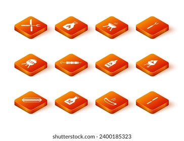 Set Hotdog sandwich, Ketchup bottle, Barbecue grill, Grilled shish kebab, knife and  icon. Vector