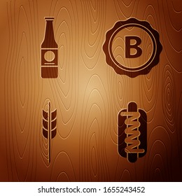 Set Hotdog sandwich with mustard, Beer bottle, Cereals set with rice, wheat, corn, oats, rye, barley and Bottle cap with inscription beer on wooden background. Vector