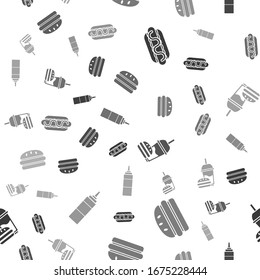 Set Hotdog sandwich with mustard, Burger, Paper glass with drinking straw and burger and Sauce bottle on seamless pattern. Vector