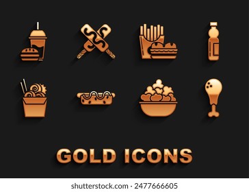 Set Hotdog sandwich with mustard, Chicken leg, Popcorn in bowl, Asian noodles paper box chopsticks, Burger french fries carton package, Paper glass drinking straw burger and Ice cream icon. Vector