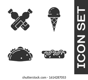 Set Hotdog sandwich with mustard, Crossed bottle of water, Taco with tortilla and Ice cream in waffle cone icon. Vector