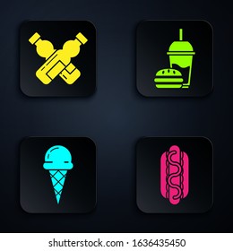Set Hotdog sandwich with mustard, Crossed bottle of water, Ice cream in waffle cone and Paper glass with drinking straw and burger. Black square button. Vector