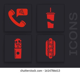 Set Hotdog sandwich with mustard, Food ordering pizza, Paper glass with drinking straw and water and Doner kebab icon. Vector