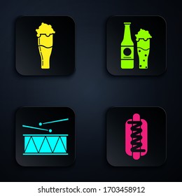 Set Hotdog sandwich with mustard, Glass of beer, Musical instrument drum and drum sticks and Beer bottle and glass. Black square button. Vector