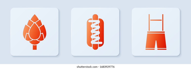 Set Hotdog sandwich with mustard, Hop and Lederhosen. White square button. Vector