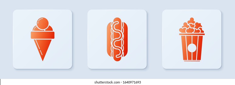 Set Hotdog sandwich with mustard, Ice cream in waffle cone and Popcorn in cardboard box. White square button. Vector