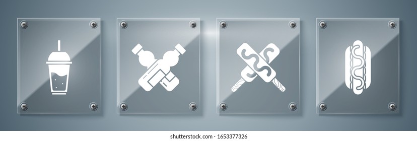 Set Hotdog sandwich with mustard, Ice cream, Crossed bottle of water and Glass of lemonade with drinking straw. Square glass panels. Vector