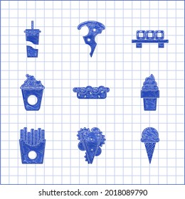 Set Hotdog sandwich with mustard, Sandwich, Ice cream in waffle cone, Potatoes french fries carton package box, Popcorn cardboard, Sushi cutting and Paper glass drinking straw water icon. Vector