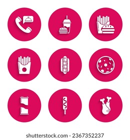 Set Hotdog sandwich with mustard, Ice cream, Chicken leg, Pizza, Soda can, Potatoes french fries in carton package box, Burger and Food ordering icon. Vector