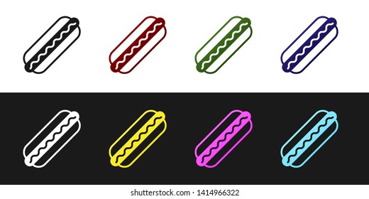 Set Hotdog sandwich with mustard icon isolated on black and white background. Sausage icon. Fast food sign. Vector Illustration
