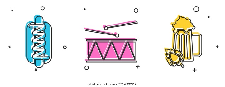 Set Hotdog sandwich with mustard, Musical instrument drum and drum sticks and Glass of beer and hop icon. Vector