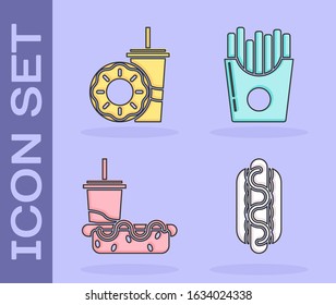 Set Hotdog sandwich with mustard, Paper glass with drinking straw and donut, Paper glass with drinking straw and hotdog and Potatoes french fries in carton package box icon. Vector