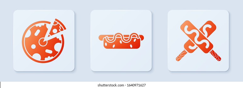 Set Hotdog sandwich with mustard, Pizza and Ice cream. White square button. Vector