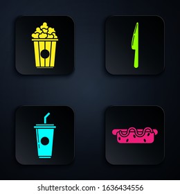 Set Hotdog sandwich with mustard, Popcorn in cardboard box, Paper glass with drinking straw and water and Knife. Black square button. Vector