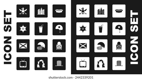 Set Hotdog sandwich, Paper glass with straw, Hexagram sheriff, Eagle, Military helmet, City landscape, Rocket launch from the spaceport and Flag Confederate icon. Vector svg