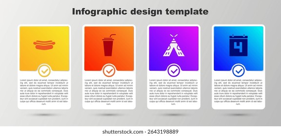 Set Hotdog sandwich, Paper glass with straw, Indian teepee or wigwam and Calendar date July 4. Business infographic template. Vector