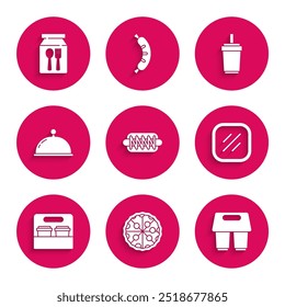 Set Hotdog sandwich, Pizza, Coffee cup to go, Steak meat, Covered with tray, Paper glass straw and Online ordering delivery icon. Vector