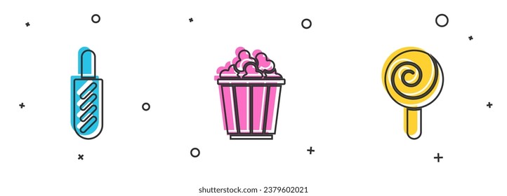 Set Hotdog sandwich, Popcorn in box and Lollipop icon. Vector