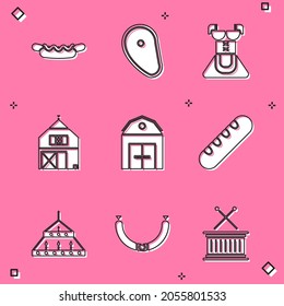 Set Hotdog sandwich, Steak meat, Costume for women dirndl, Farm House, French baguette bread, Massive steel chandelier and Sausage icon. Vector