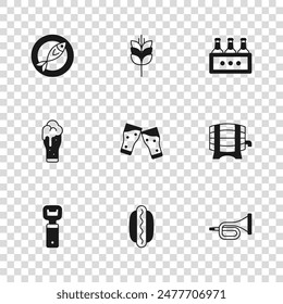 Set Hotdog sandwich, Wooden barrel on rack, Trumpet, Glass of beer, Pack bottles, Dried fish, Wheat and  icon. Vector