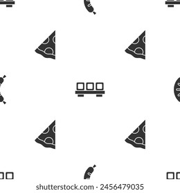 Set Hotdog, Sushi on cutting board and Slice of pizza on seamless pattern. Vector
