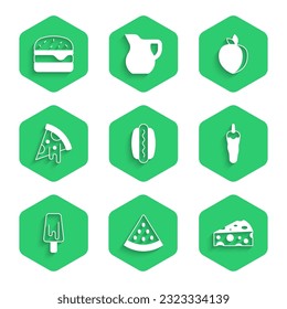 Set Hotdog, Watermelon, Cheese, chili pepper, Ice cream, Slice of pizza, Plum fruit and Burger icon. Vector