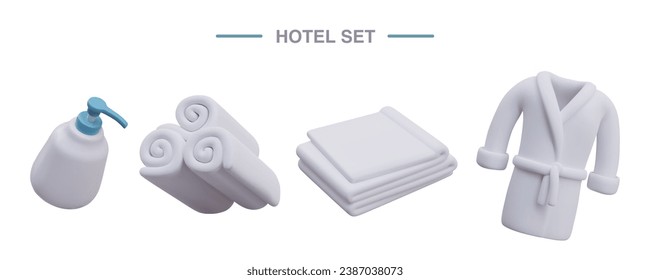 Set of hotel accessories for bathing and washing. Dispenser bottle, face and hand towels, large white towel, bathrobe. 3D isolated vector elements, mockup