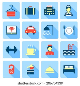 Set of hotel bed reception bath bed bell icons on colorful squares in flat color style vector illustration