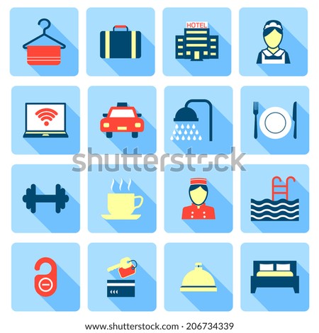 Set of hotel bed reception bath bed bell icons on colorful squares in flat color style vector illustration