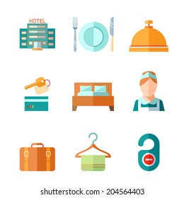 Set of hotel bell key bed luggage chambermaid icons in flat color style vector illustration