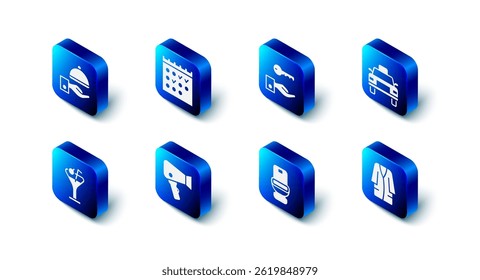 Set Hotel booking calendar, door lock key, Taxi car, Bathrobe, Toilet bowl, Hair dryer, Martini glass and Covered with tray icon. Vector