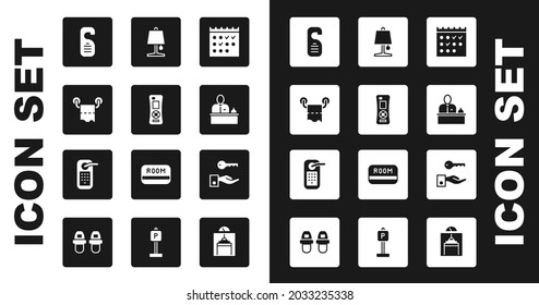 Set Hotel booking calendar, Remote control, Toilet paper roll, Please do not disturb, reception desk, Table lamp, door lock key and Digital icon. Vector