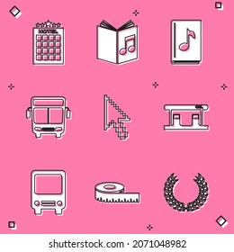 Establecer edificio de hotel, libro de audio, bus, cursor de flecha de píxeles, estación de llenado de gas e icono de medida de cinta. Vector
