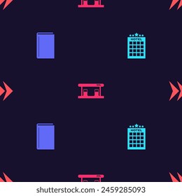 Set Hotel building, Book, Gas filling station and Arrow on seamless pattern. Vector