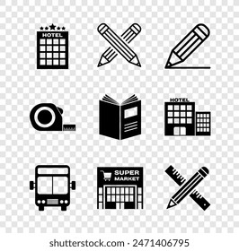 Set Hotel building, Crossed pencil, Pencil and line, Bus, Supermarket, ruler, Roulette construction and Open book icon. Vector