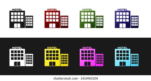Set Hotel building icon isolated on black and white background.  Vector Illustration