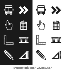 Set Hotel building, Pixel hand cursor, Bus, Arrow, Folding ruler, Gas filling station, Triangular and Pencil icon. Vector