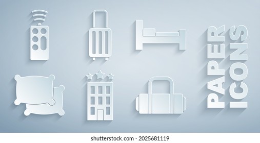 Set Hotel building, room bed, Pillow, Suitcase,  and Remote control icon. Vector