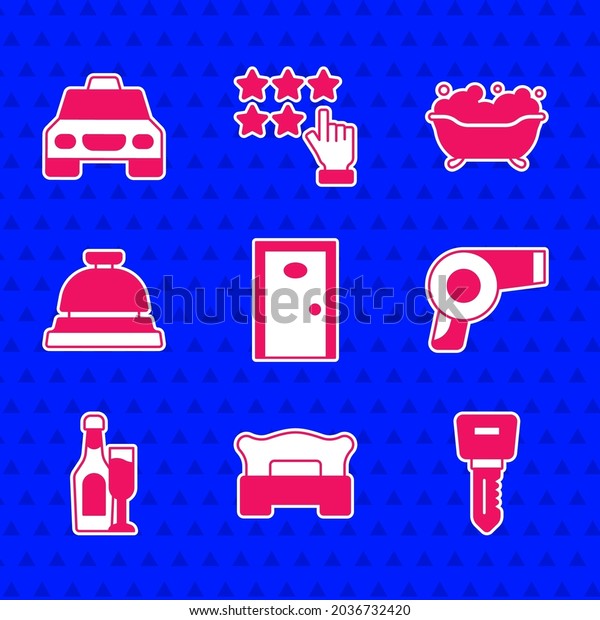Set Hotel door, Bedroom, lock key, Hair dryer,\
Champagne bottle with glass, service bell, Bathtub and Taxi car\
icon. Vector