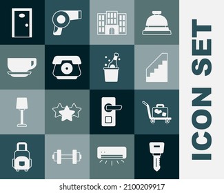 Set Hotel door lock key, Trolley suitcase, Stairs, building, Telephone handset, Coffee cup,  and Bottle champagne icon. Vector