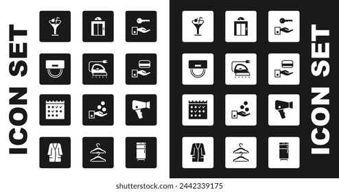 Set Hotel door lock key, Electric iron, Bellboy hat, Martini glass, Digital, Lift, Hair dryer and booking calendar icon. Vector
