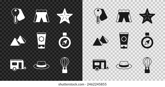 Juego de la cerradura de la puerta del hotel, pantalones cortos, estrellas de mar, remolque de camping Rv, sombrero de hombre con cinta, globo de aire, pirámides de Egipto y protector solar tubo de crema icono. Vector