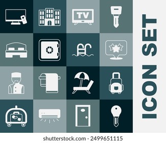 Set Hotel door lock key, Suitcase, Stars rating, Smart Tv, Safe, room bed,  and Swimming pool icon. Vector